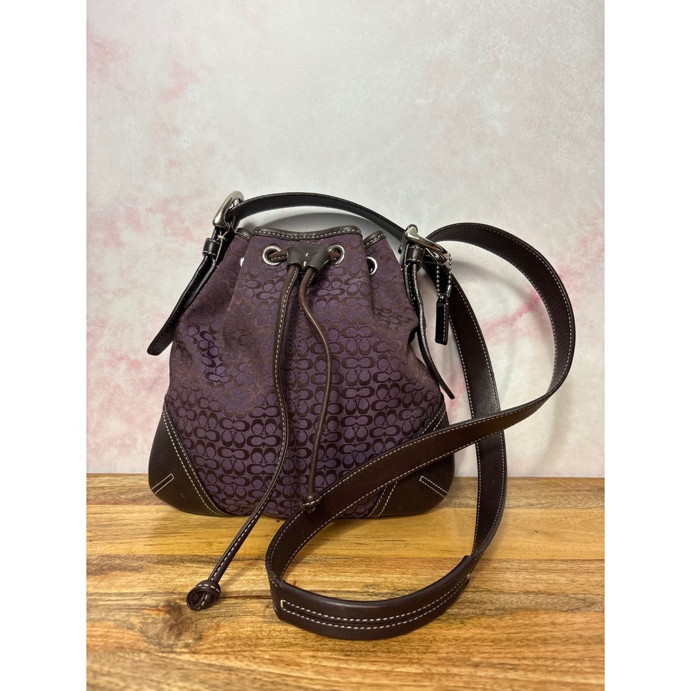 Coach Y2K Soho Mini Signature Drawstring Bucket Crossbody Bag Purple Style 6387